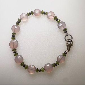 Sterling Silver Pink Rose Quartz and Peridot Gemstone Crystal Bracelet